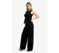 boohoo Women's Maternity Stretch Woven Tie Front Wide Leg Jumpsuit in Natural Black | Size: 16