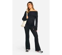 boohoo Women's Maternity Textured Deep Bardot Off-The Shoulder Long Sleeve Flared Jumpsuit in Black | Size: 12