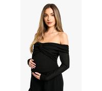 boohoo Women's Maternity Textured Twist Detail Bardot Long Sleeve Top in Black | Size: 8