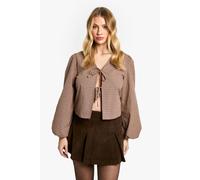 boohoo Women's Maternity Woven Check Balloon Sleeve Tie Detail Top in Brown | Size: 18