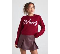 boohoo Women's Merry Slogan Cropped Christmas Jumper in Burgundy | Size: Small