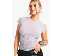 boohoo Women's Mesh Cap Sleeve Ruched Side Top in Light Grey | Size: 8
