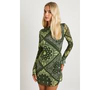 boohoo Women's Mesh Paisley Flare Sleeve Mini Dress in Green | Size: 14