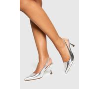 boohoo Women's Metallic Mid Stiletto Slingback Court Shoes in Silver | Size: 4