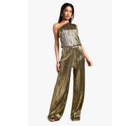 boohoo Women's Metallic Plisse Asymmetric Jumpsuit in Gold | Size: 14