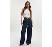 boohoo Women's Mid Waist Loose Fit Wide Leg Jean in Dark Indigo | Size: 8