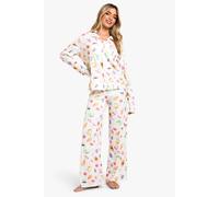 boohoo Women's Mixed Fruit Print Long Sleeve Shirt & Trousers Pyjama Set in Ivory | Size: 16