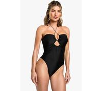 boohoo Women's Mono Rope Strap Bandeau Swimsuit in Black | Size: 12