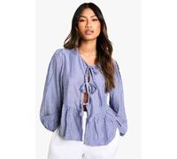 boohoo Women's Navy Pinstripe Tie Front Puff Long Sleeve Smock Top | Size: 8