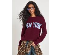 boohoo Women's New York Crew Neck Knitted Jumper in Burgundy | Size: Small