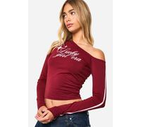 boohoo Women's Off Shoulder Stripe Sleeve Top With Print in Burgundy | Size: 14