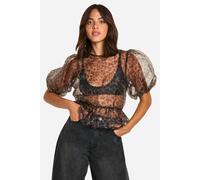 boohoo Women's Organza Leopard Print Tie Back Puff Sleeve Top | Size: 6