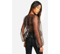 boohoo Women's Organza Micro Leopard Print Tie Back Puff Long Sleeve Top | Size: 8