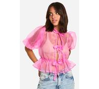 boohoo Women's Organza Tie Front Puff Sleeve Top in Candy Pink | Size: 8