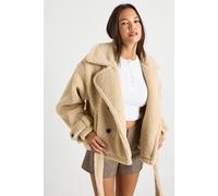 boohoo Women's Oversized Collar Belted Teddy Jacket in Stone | Size: 12