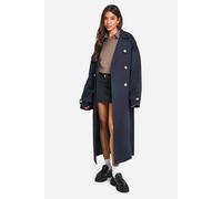 boohoo Women's Oversized Double Breast Belted Cinched Back Trench Coat in Navy | Size: 16