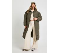 boohoo Women's Oversized Funnel Neck Belted Longline Puffer Coat in Khaki | Size: 10