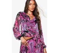boohoo Women's Paisley Chiffon Ruffle Blouse in Purple | Size: 10