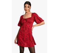 boohoo Women's Paisley Puff Sleeve Mini Dress in Red | Size: 14
