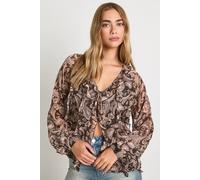 boohoo Women's Paisley Ruffle Chiffon Blouse in Brown | Size: 12