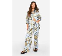 boohoo Women's Paisley Satin Wide Leg Trouser in Blue | Size: 8