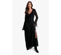 boohoo Women's Paisley Textured Flare Sleeve Maxi Dress in Black | Size: 10