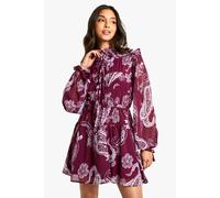 boohoo Women's Paisley Tie Chiffon Smock Dress in Plum | Size: 10