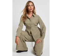 boohoo Women's Peached Cinched Shirt & Trouser Co-Ord in Olive | Size: 8