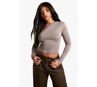 boohoo Women's Peached Jersey Asym Long Sleeve Top in Mushroom | Size: 6