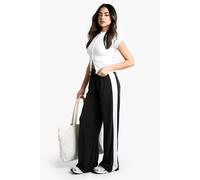 boohoo Women's Peached Jersey Side Stripe Wide Leg Trouser in Black | Size: 6