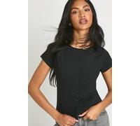 boohoo Women's Peached Sculpt Popper Through Short Sleeve Top in Black | Size: 14