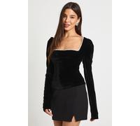 boohoo Women's Pearl Trim Velvet Square Neck Top in Black | Size: 10