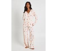 boohoo Women's Petite Autumn Print Long Sleeve Shirt & Trousers Pyjama Set in Cream | Size: 10