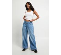 boohoo Women's Petite Basics Mid Waist Boyfriend Jean in Mid Blue | Size: 16/28L