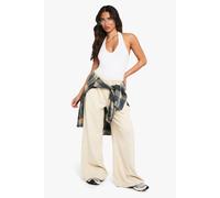 boohoo Women's Petite Basics Rib Straight Leg Trouser in Stone | Size: 14