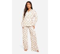boohoo Women's Petite Bear Print Long Sleeve Shirt & Trousers Pyjama Set in Brown | Size: 10