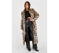boohoo Women's Petite Belted Leopard Faux Fur Maxi Coat | Size: 16