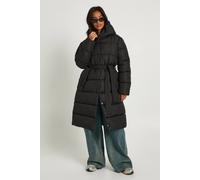boohoo Women's Petite Belted Longline Puffer Jacket in Black | Size: 16