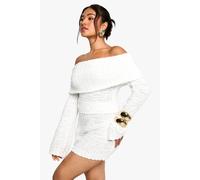 boohoo Women's Petite Boucle Bardot Cropped Jumper in Ivory | Size: Medium