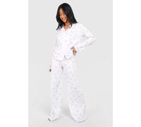 boohoo Women's Petite Bow Print Long Sleeve Shirt & Trousers Pyjama Set in White | Size: 14