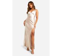 boohoo Women's Petite Bridesmaid Satin Strappy Maxi Dress in Oyster | Size: 14