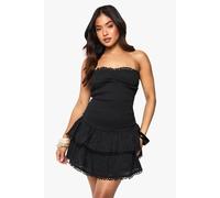 boohoo Women's Petite Broderie Anglaise Shirred Bandeau Mini Dress in Black | Size: 10