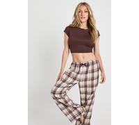 boohoo Women's Petite Brushed Check Baby T-Shirt & Trousers Pyjama Set in Chocolate | Size: 10