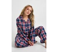 boohoo Women's Petite Brushed Check Long Sleeve Shirt & Trousers Pyjama Set in Navy | Size: 16