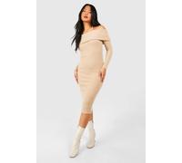 boohoo Women's Petite Brushed Rib Bardot Shoulder Tie Midaxi Dress in Camel | Size: 16