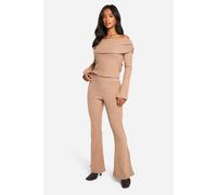 boohoo Women's Petite Brushed Rib Foldover Flare Trouser in Camel | Size: 10