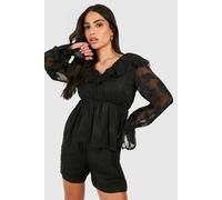boohoo Women's Petite Burnout Floral Frill Smock Top in Black | Size: 10