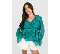 boohoo Women's Petite Burnout Floral Frill Smock Top in Green | Size: 8