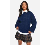 boohoo Women's Petite Cable Knit Oversized Crew Neck Jumper in Navy | Size: Small
