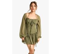 boohoo Women's Petite Chiffon Ruched Milkmaid Skater Dress in Olive | Size: 14